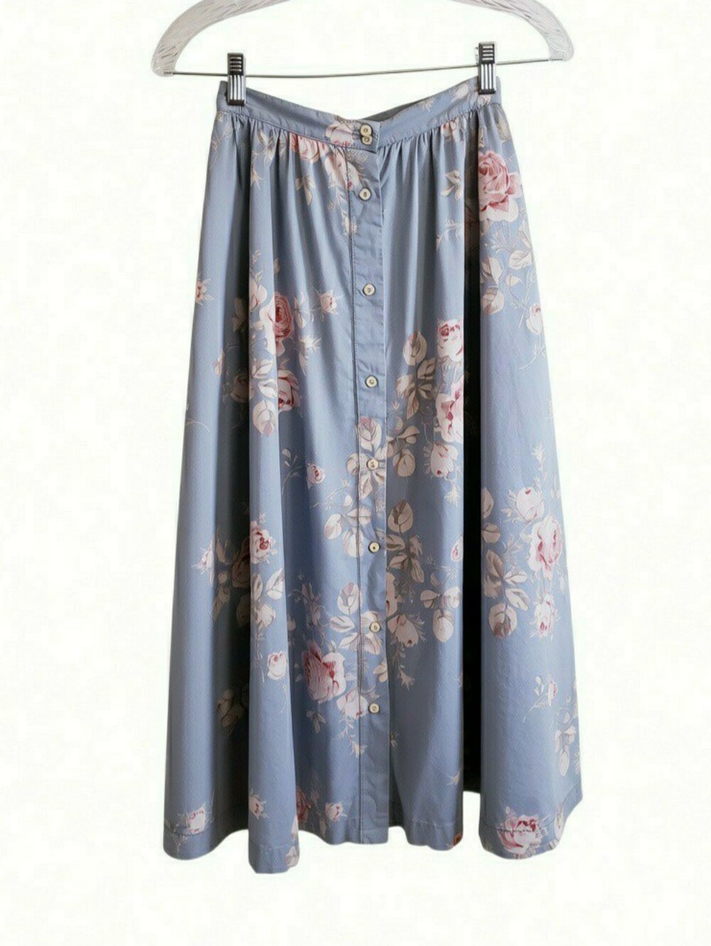 Ralph Lauren Vintage Blue & Pink Floral Cotton Button Front Midi Skirt, Size 2p